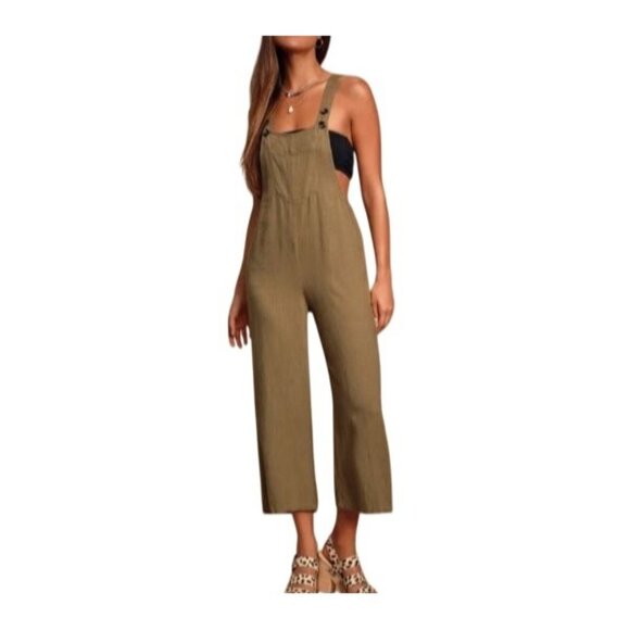 Lulus Torrey Olive Green Wide-Leg Overalls Size S Linen Blend Cropped Leg - Picture 1 of 16